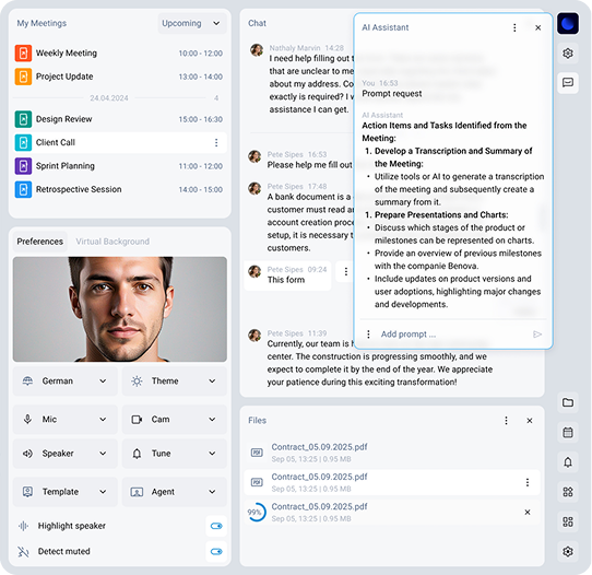 Sonar-Plattform – Benutzeroberfläche mit Meetings, Chat und KI-Assistent
