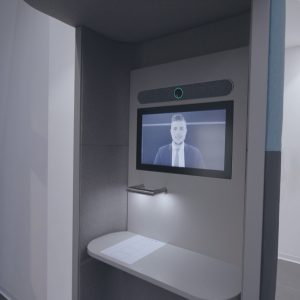 Innenansicht der Sonar-Videokabine mit laufender Kundenberatung